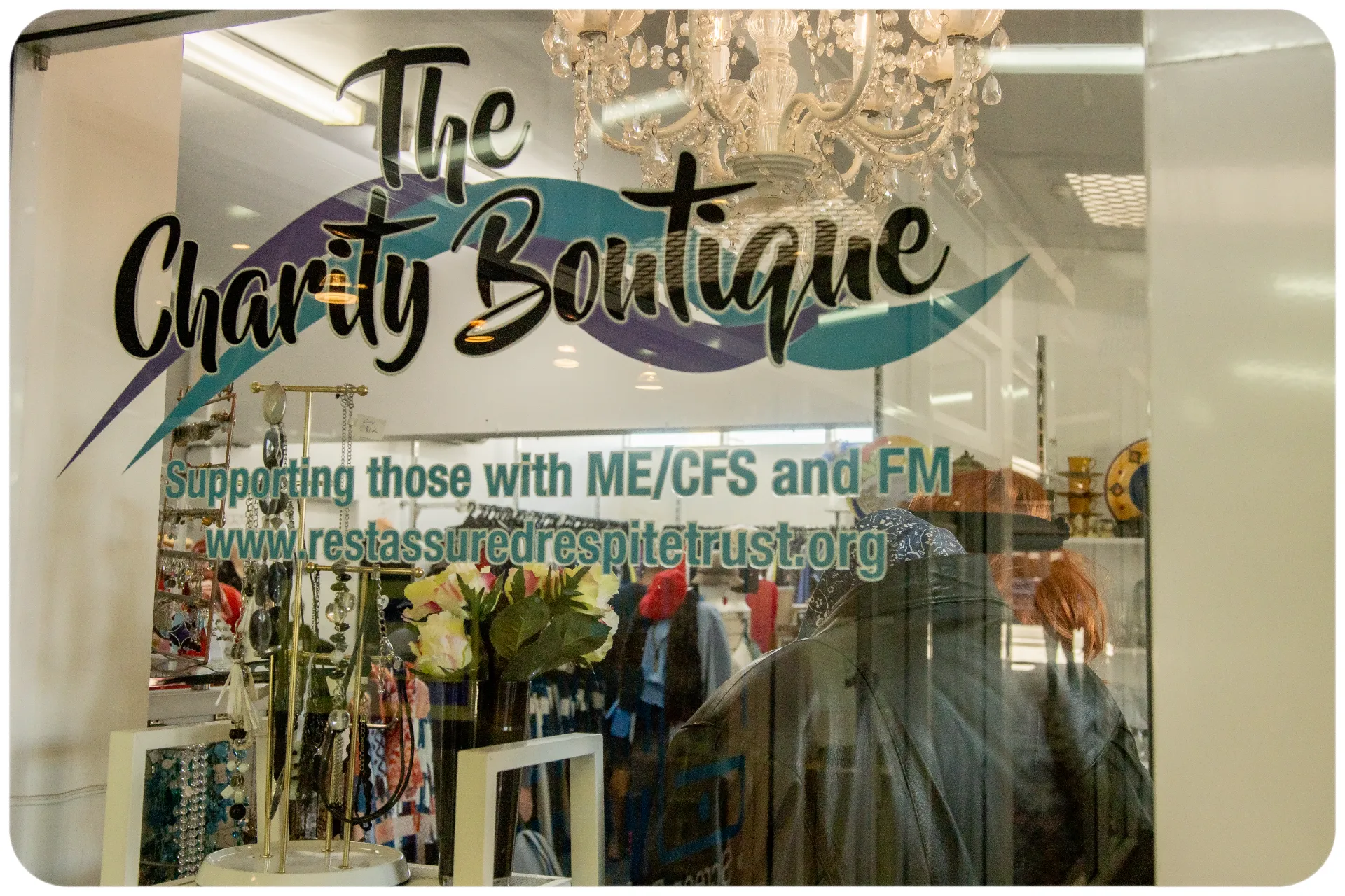 Looking through the front window of the Charity Boutique